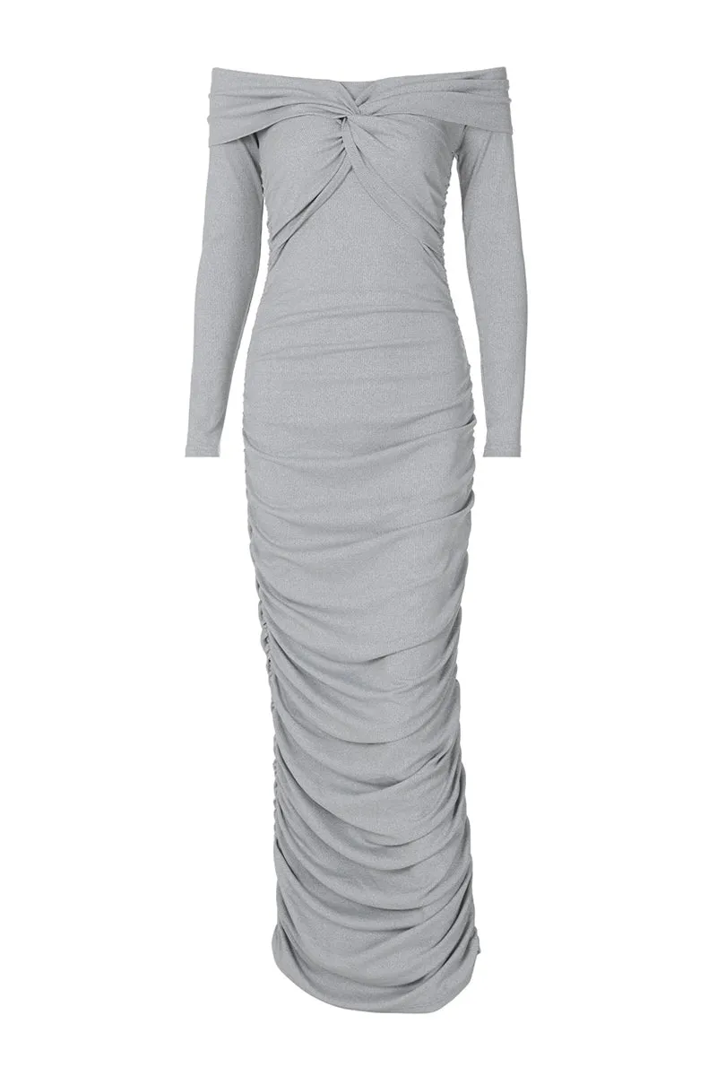 Knot Front Off Shoulder Ruched Bodycon Maxi Dress