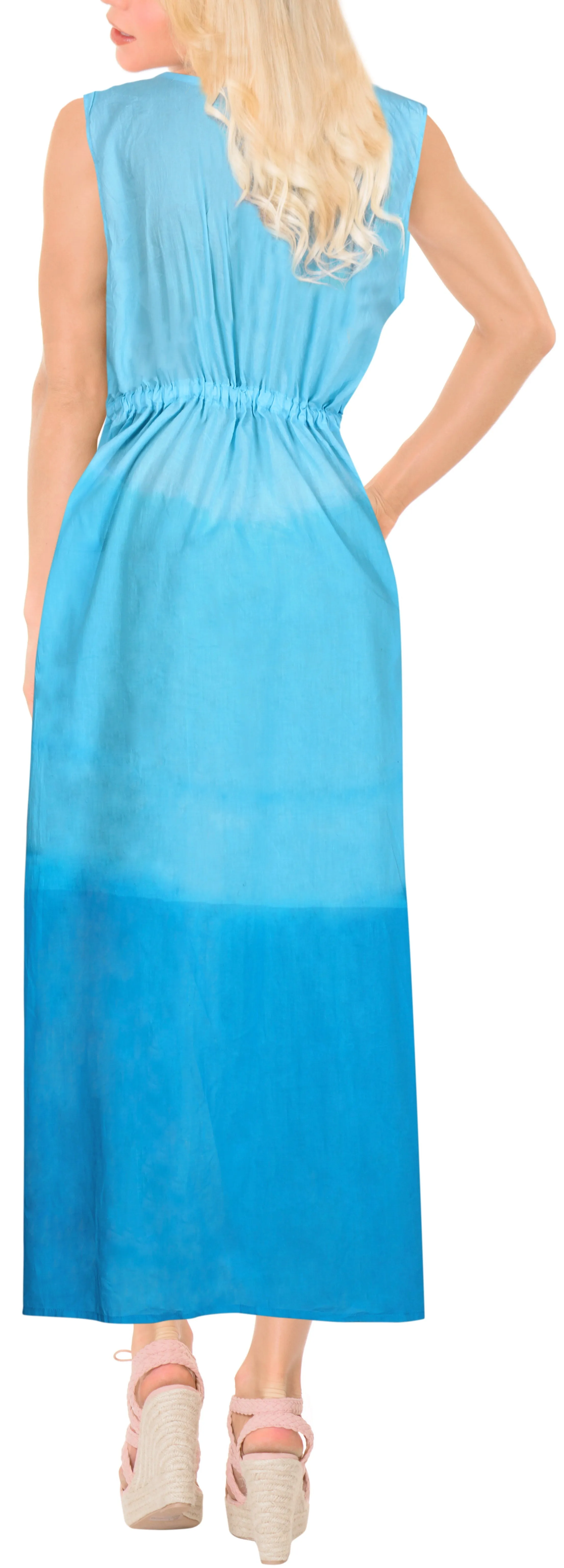 LA LEELA Women's Cotton Swimsuit Cover Up Tie Dye Long Length Drawstring Blue