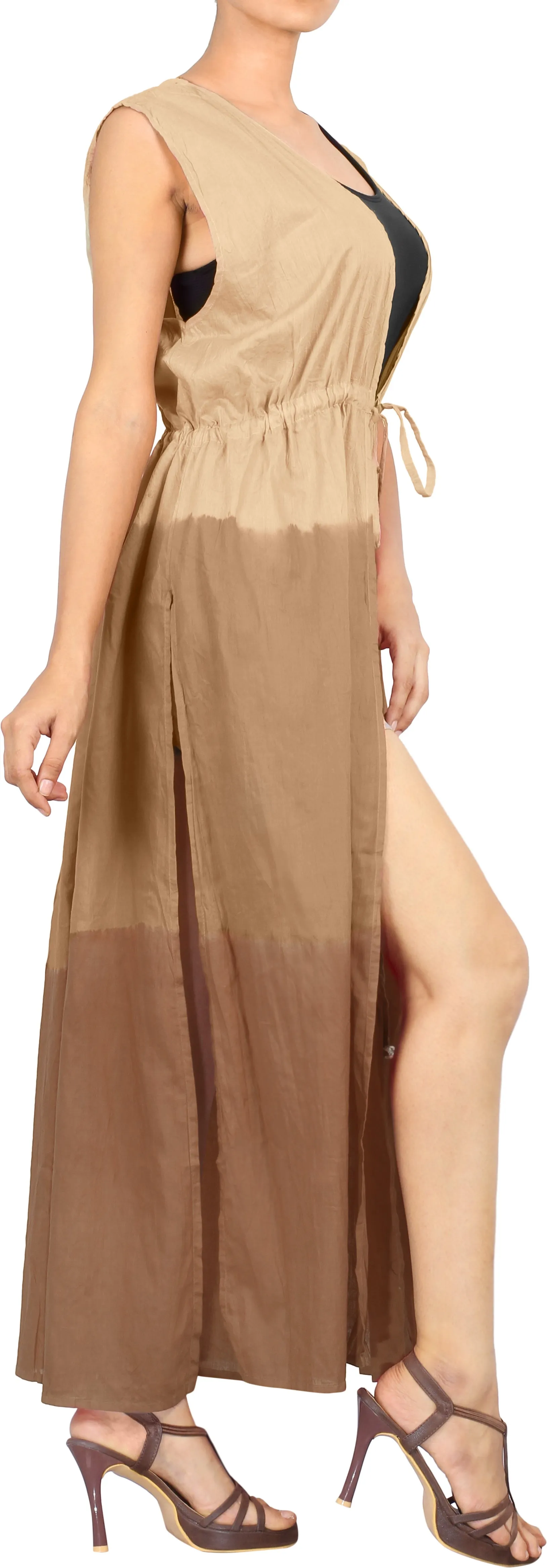 LA LEELA Women's Cotton Swimsuit Cover Up Tie Dye Long Length Drawstring Brown