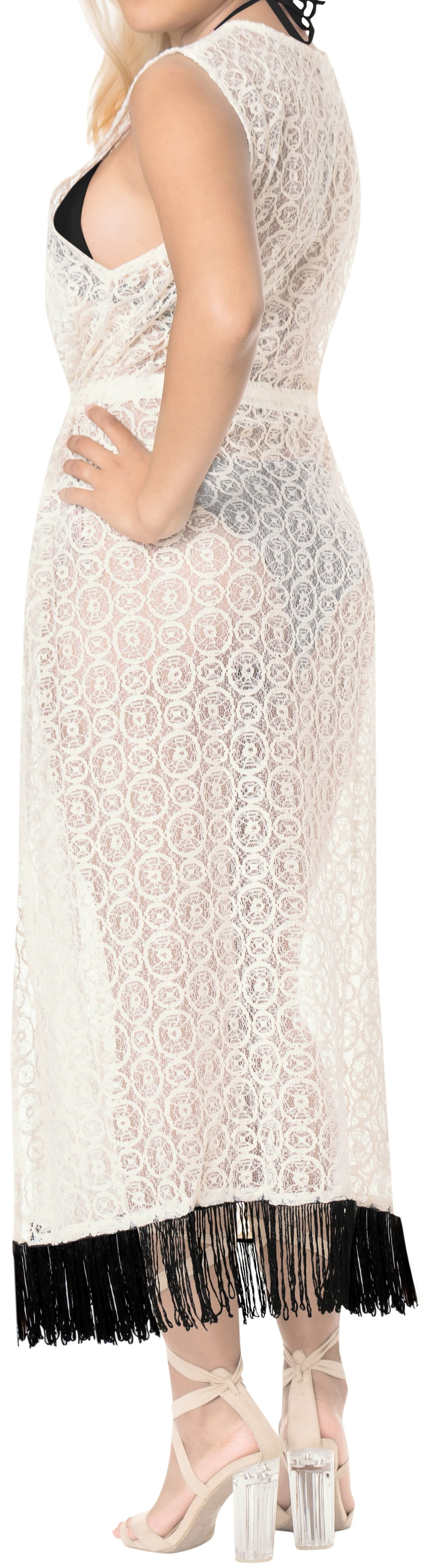 LA LEELA Women's Rayon Long Beach Blouse Swimwear Short Cover-up Kimono Drawstri