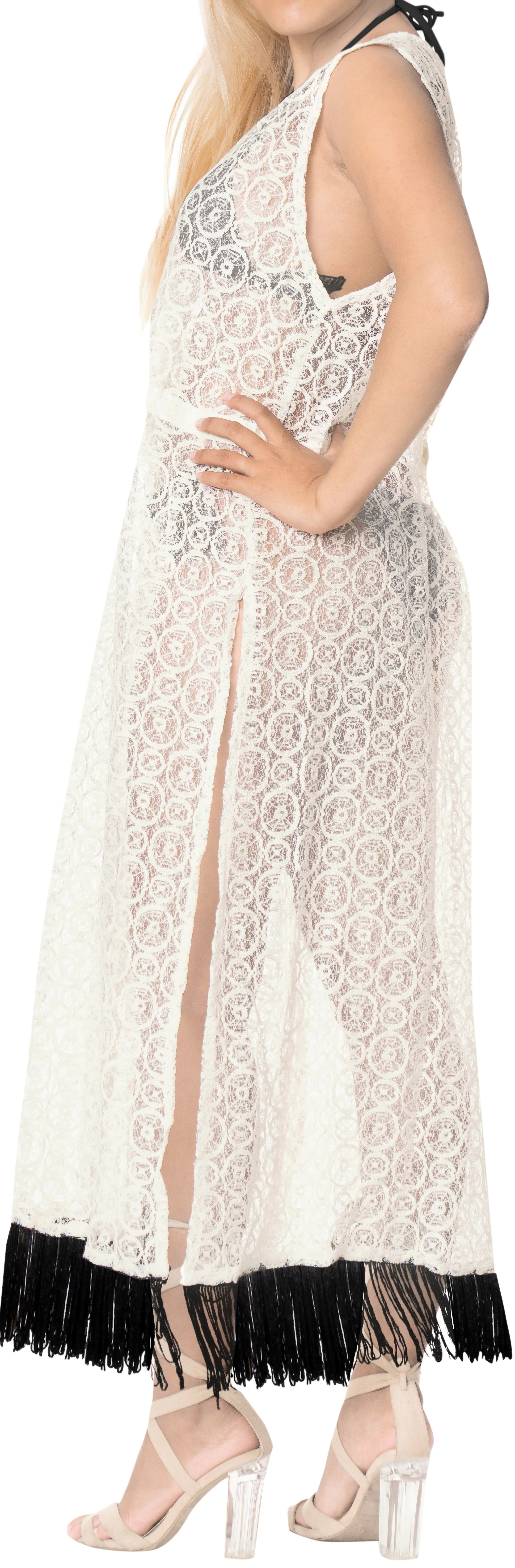 LA LEELA Women's Rayon Long Beach Blouse Swimwear Short Cover-up Kimono Drawstri