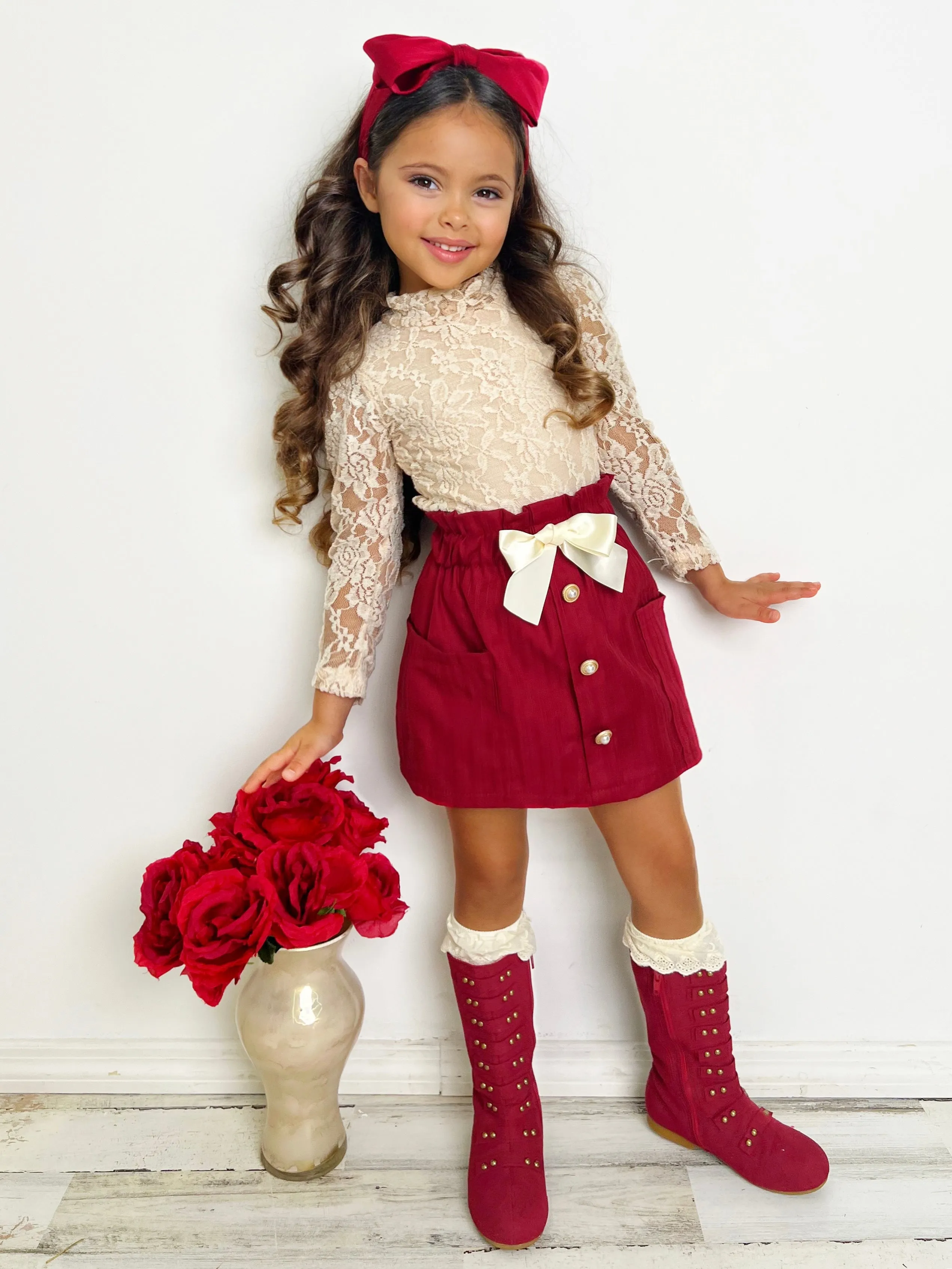 Laced To Impress Lace Top and Red Skirt Set