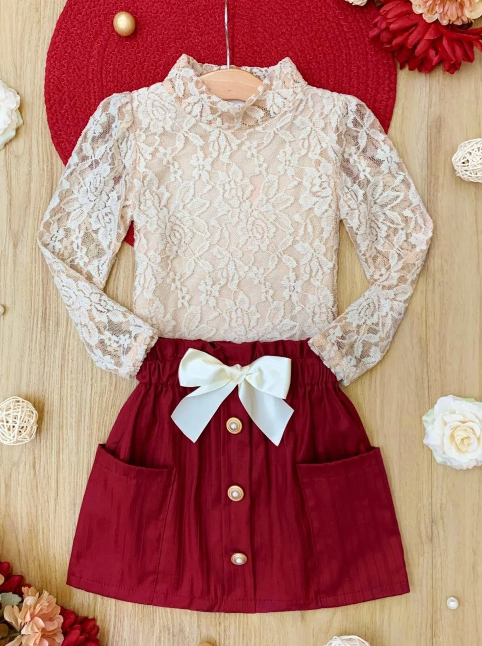 Laced To Impress Lace Top and Red Skirt Set