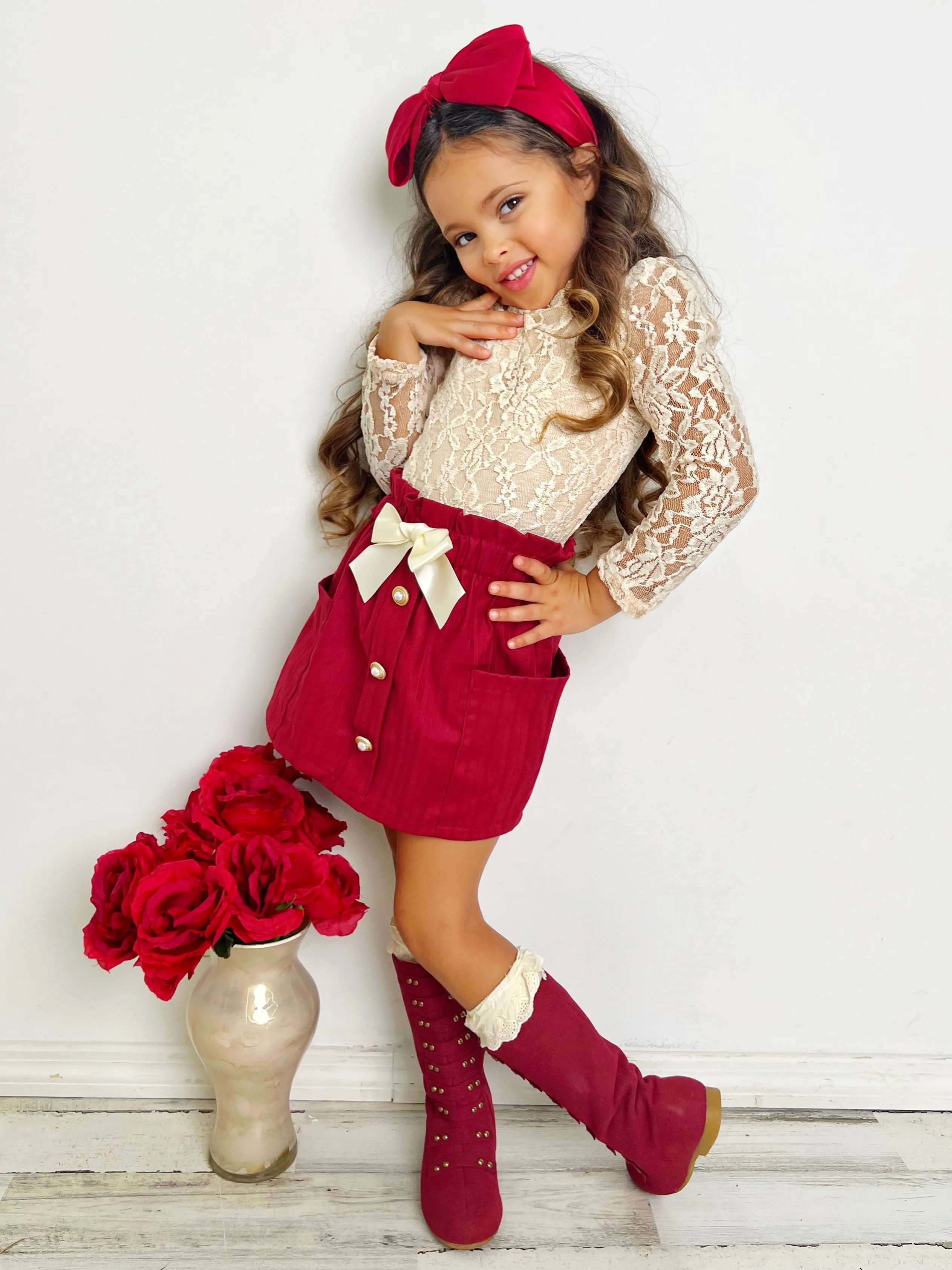 Laced To Impress Lace Top and Red Skirt Set
