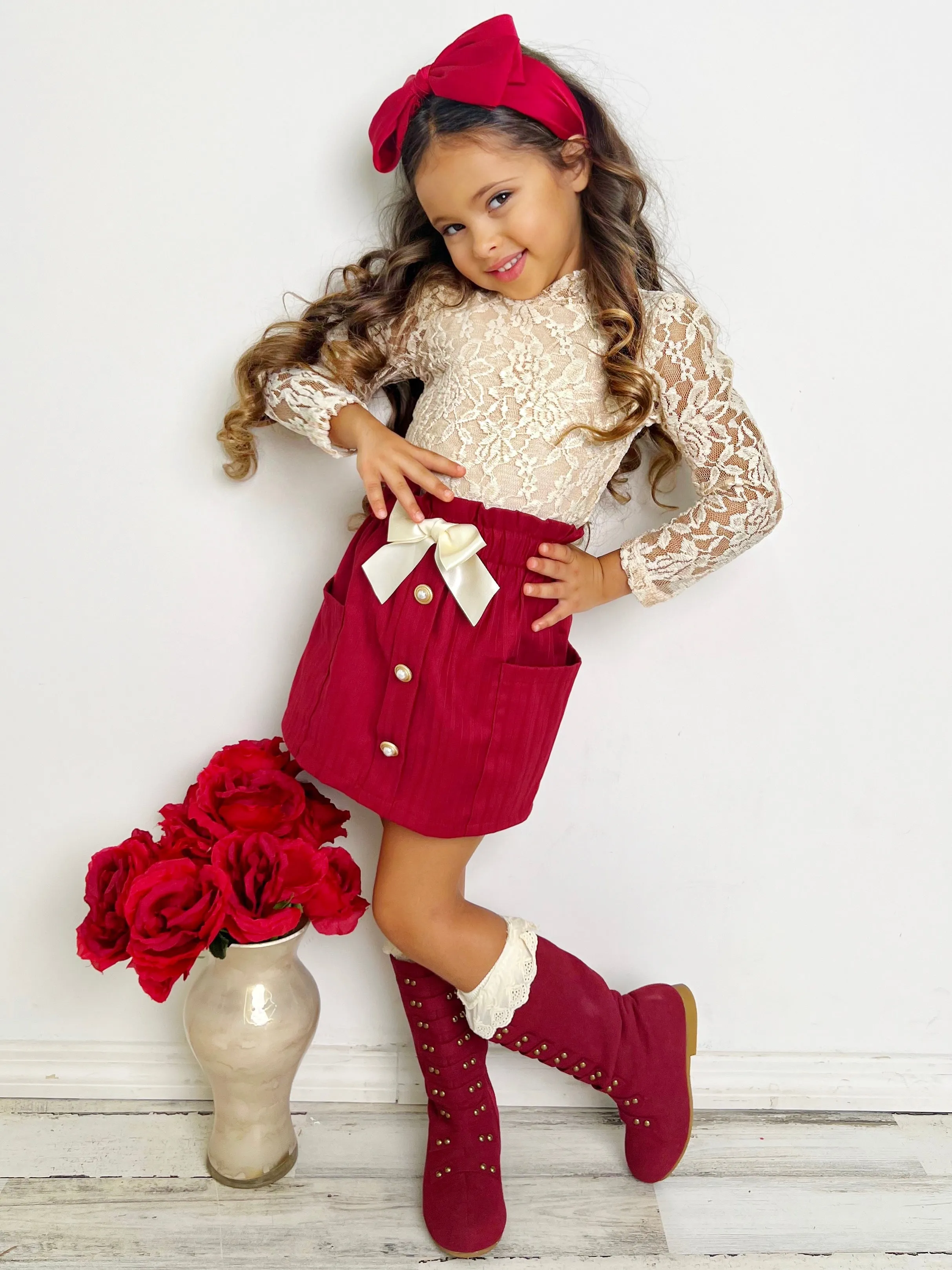 Laced To Impress Lace Top and Red Skirt Set