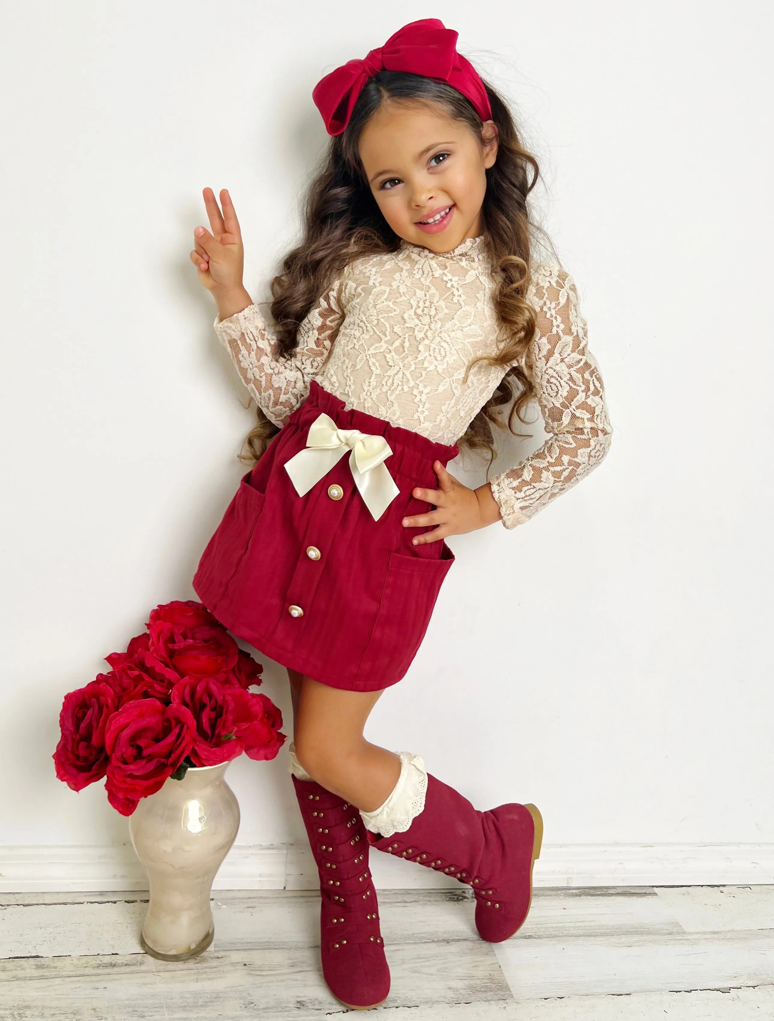 Laced To Impress Lace Top and Red Skirt Set
