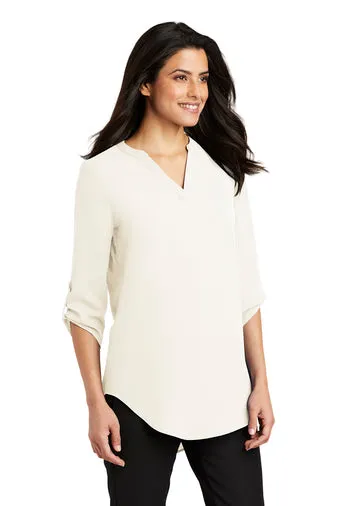 Ladies 3/4-Sleeve Tunic Blouse - Ivory Chiffon