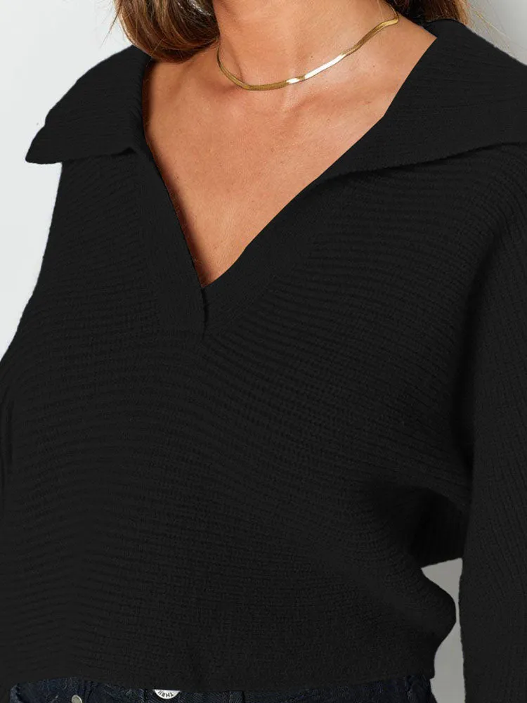 Lapel Collar V Neck Bishop Sleeve Ribbed Knit Baggy Crop Sweater