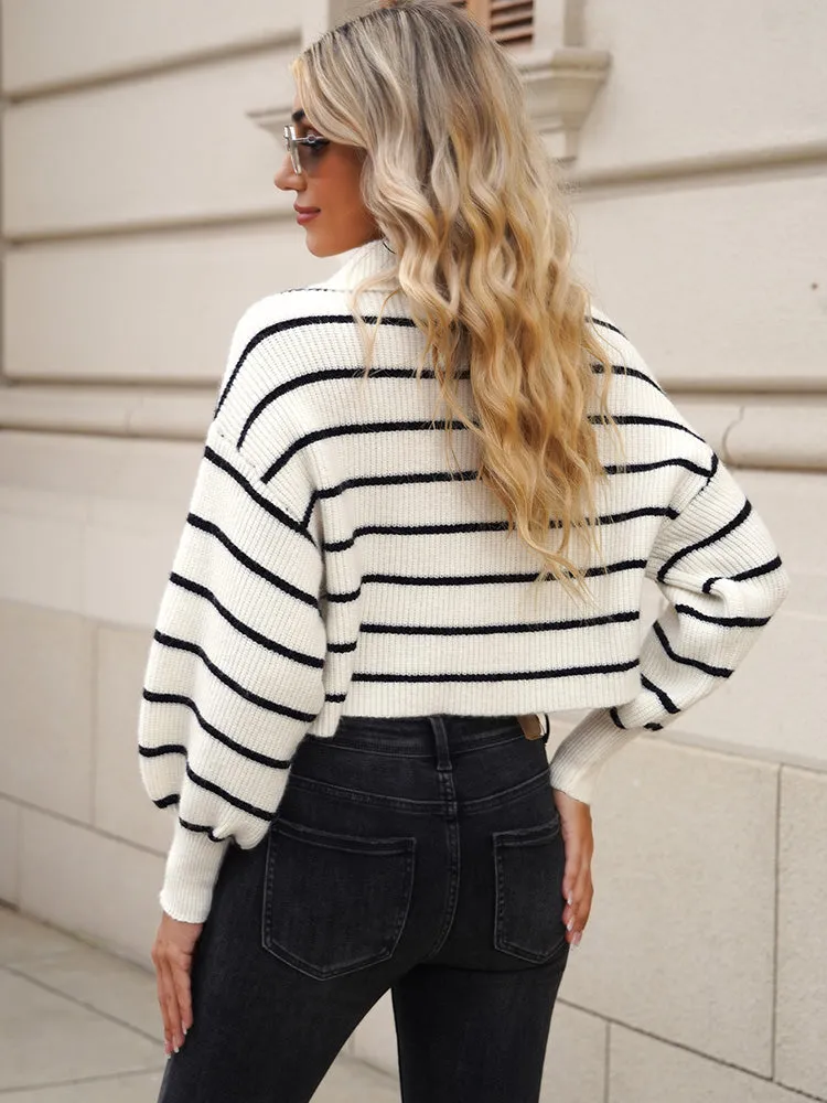 Lapel Collar V Neck Bishop Sleeve Ribbed Knit Baggy Crop Sweater
