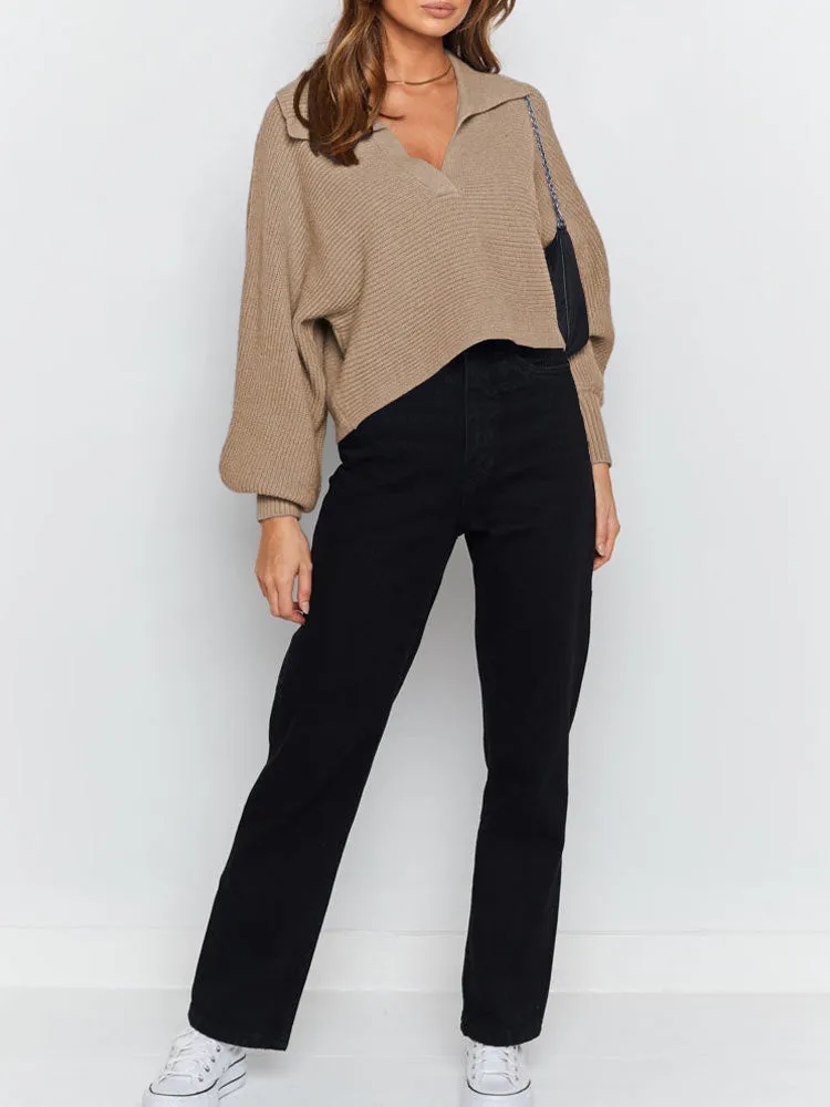 Lapel Collar V Neck Bishop Sleeve Ribbed Knit Baggy Crop Sweater