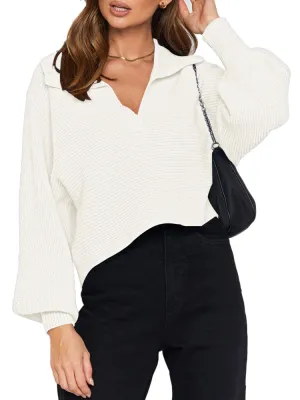 Lapel Collar V Neck Bishop Sleeve Ribbed Knit Baggy Crop Sweater