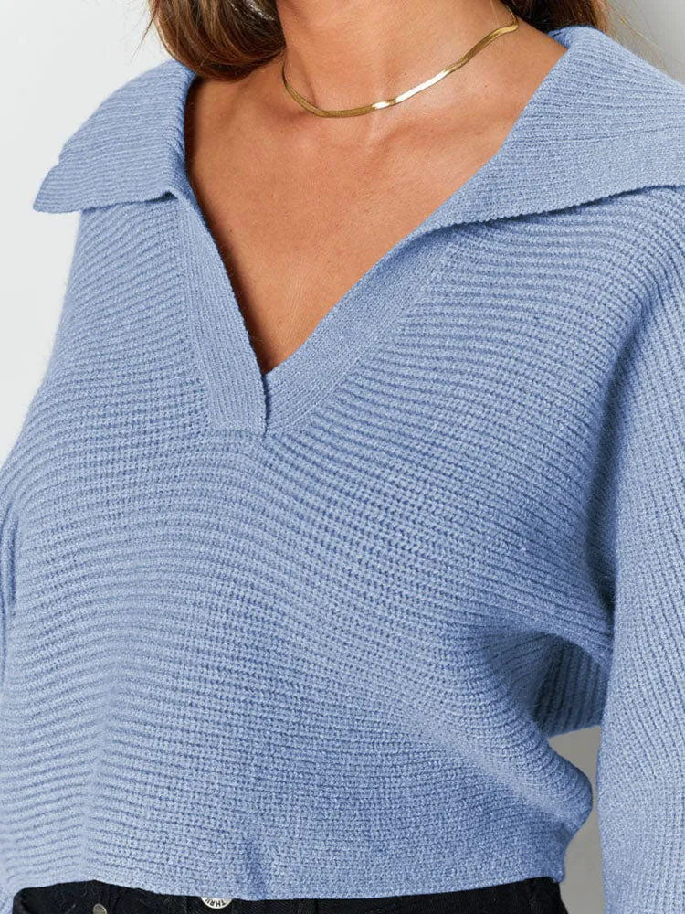 Lapel Collar V Neck Bishop Sleeve Ribbed Knit Baggy Crop Sweater