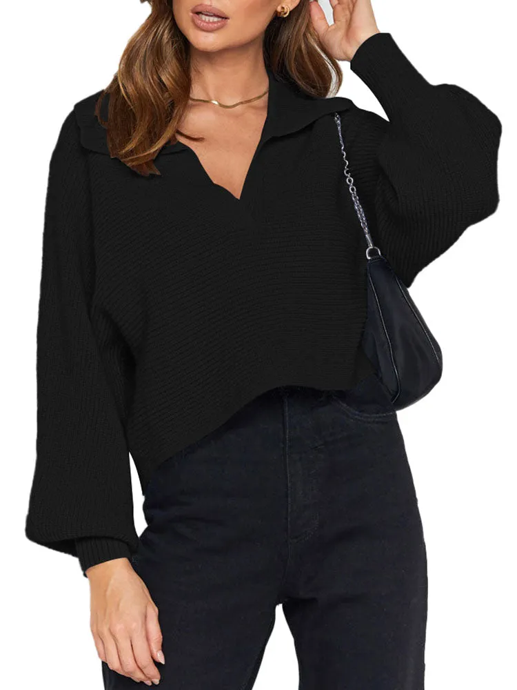 Lapel Collar V Neck Bishop Sleeve Ribbed Knit Baggy Crop Sweater