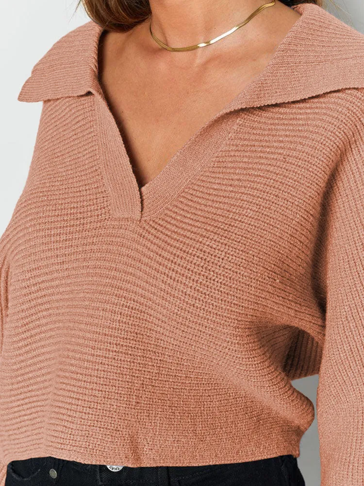 Lapel Collar V Neck Bishop Sleeve Ribbed Knit Baggy Crop Sweater