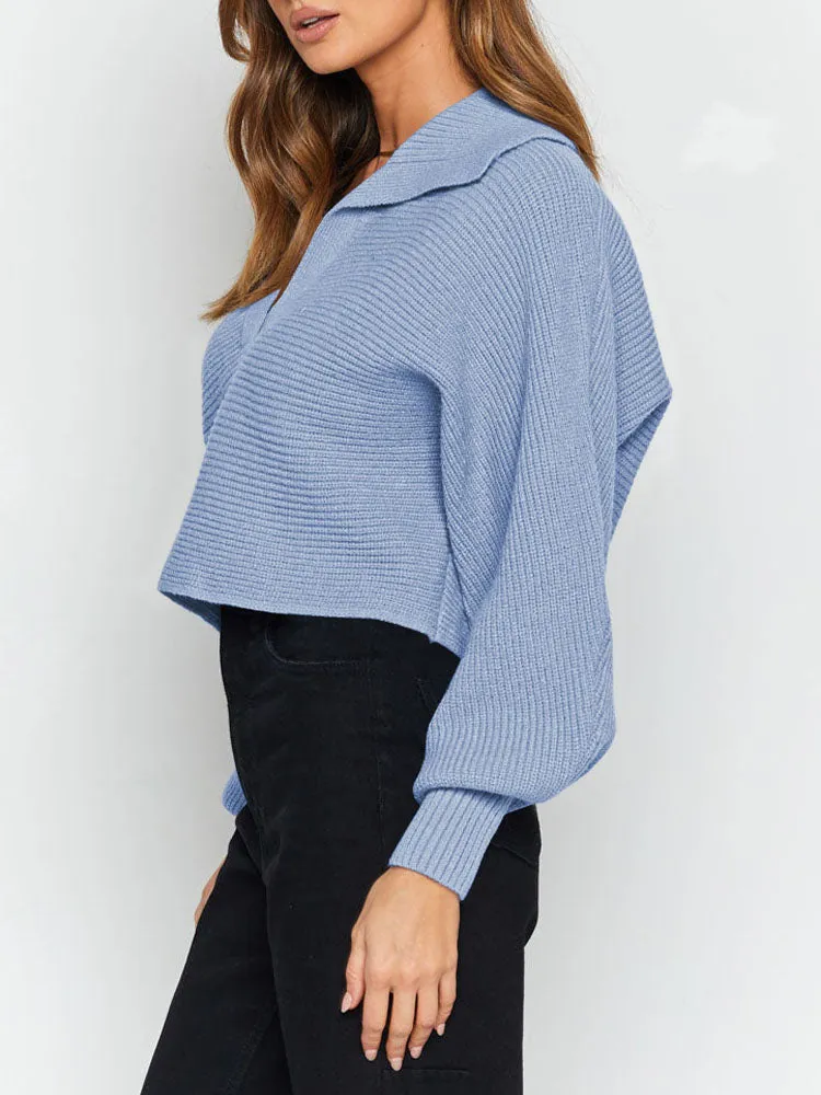 Lapel Collar V Neck Bishop Sleeve Ribbed Knit Baggy Crop Sweater