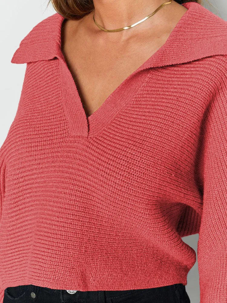 Lapel Collar V Neck Bishop Sleeve Ribbed Knit Baggy Crop Sweater