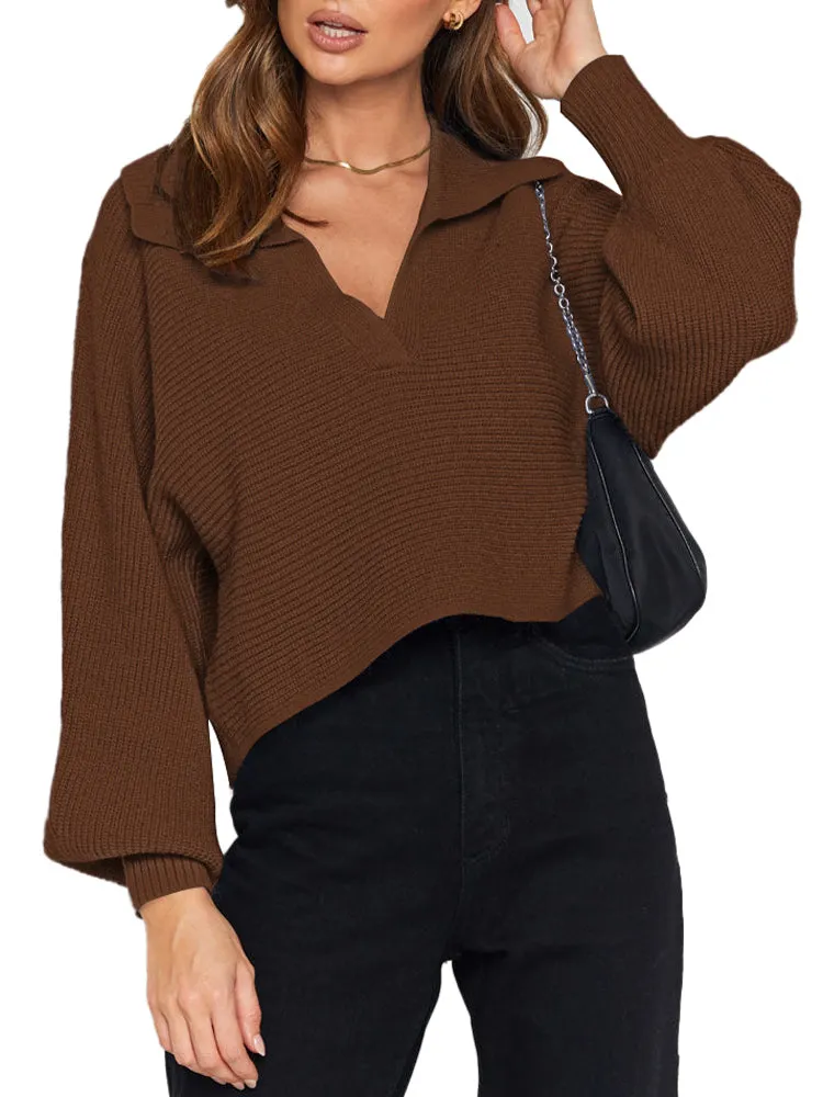 Lapel Collar V Neck Bishop Sleeve Ribbed Knit Baggy Crop Sweater