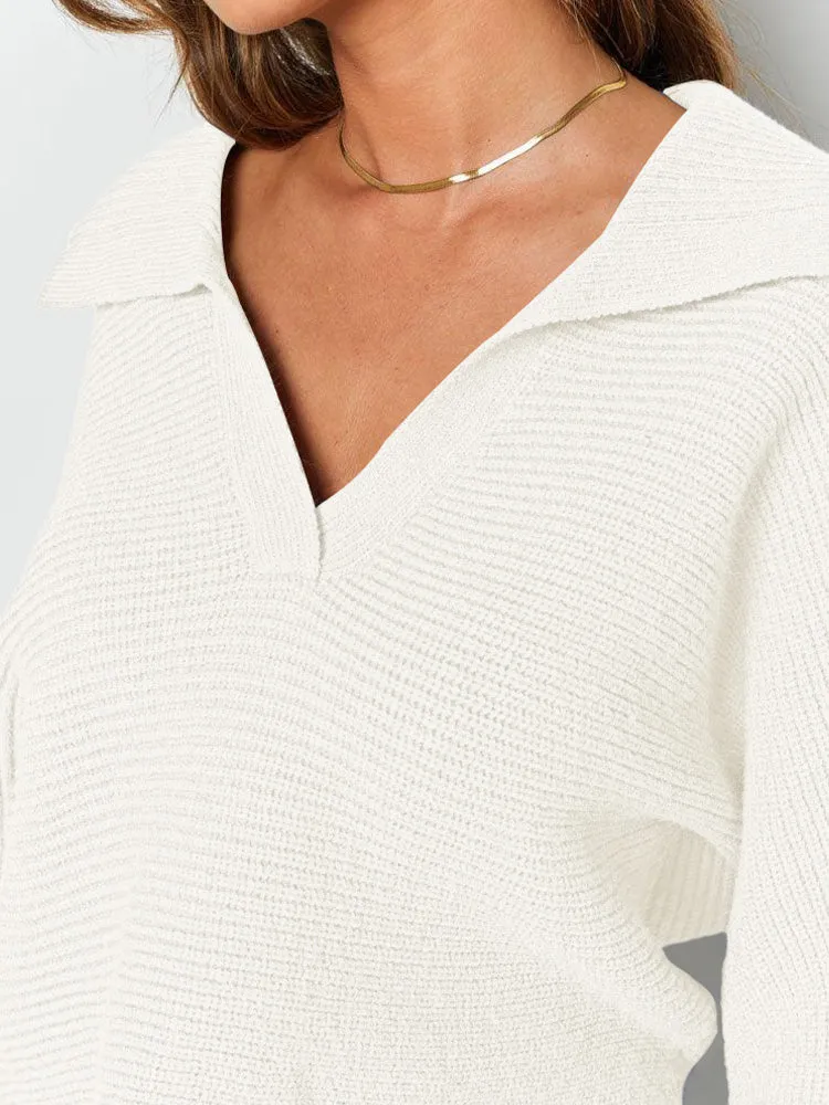 Lapel Collar V Neck Bishop Sleeve Ribbed Knit Baggy Crop Sweater