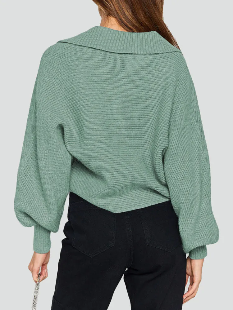 Lapel Collar V Neck Bishop Sleeve Ribbed Knit Baggy Crop Sweater