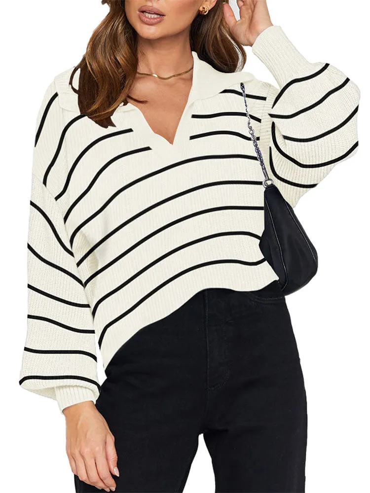 Lapel Collar V Neck Bishop Sleeve Ribbed Knit Baggy Crop Sweater
