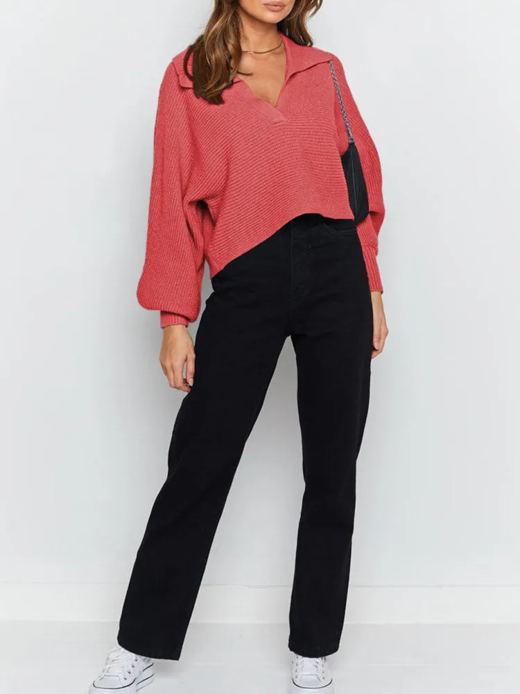 Lapel Collar V Neck Bishop Sleeve Ribbed Knit Baggy Crop Sweater