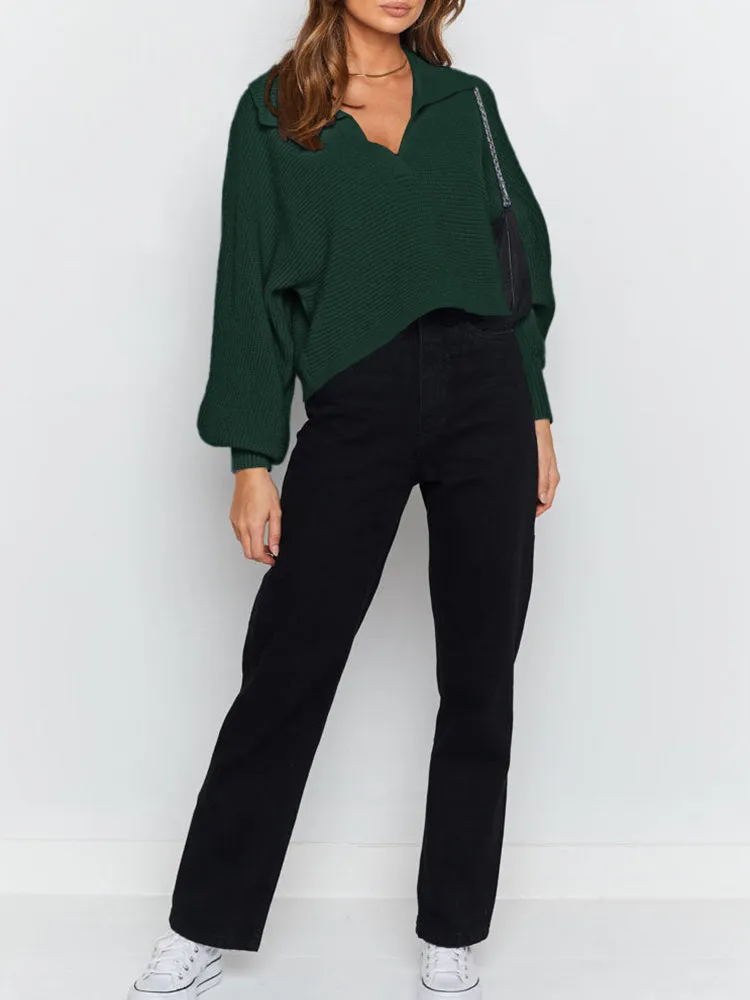 Lapel Collar V Neck Bishop Sleeve Ribbed Knit Baggy Crop Sweater