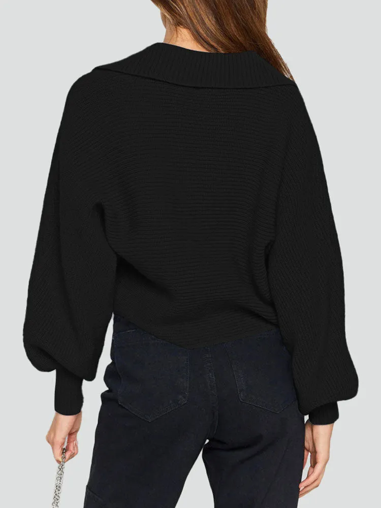 Lapel Collar V Neck Bishop Sleeve Ribbed Knit Baggy Crop Sweater