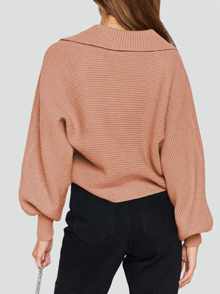 Lapel Collar V Neck Bishop Sleeve Ribbed Knit Baggy Crop Sweater