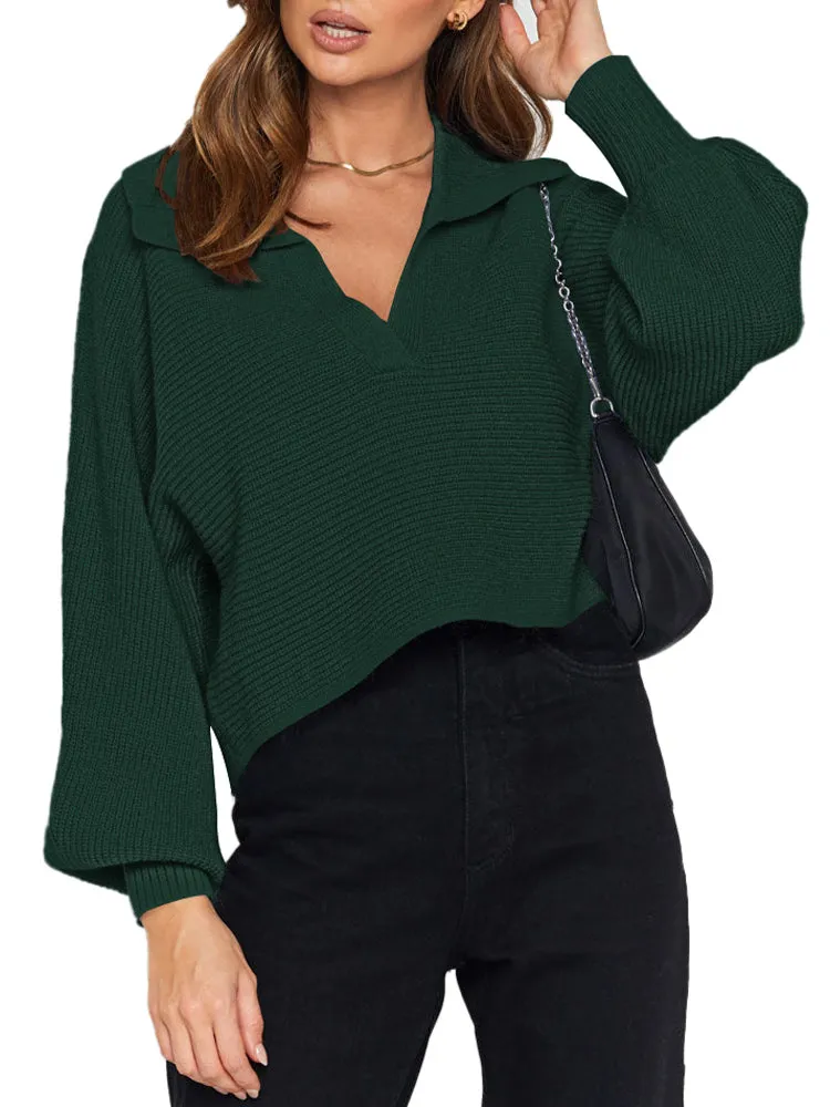Lapel Collar V Neck Bishop Sleeve Ribbed Knit Baggy Crop Sweater