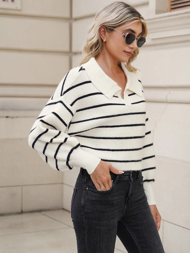 Lapel Collar V Neck Bishop Sleeve Ribbed Knit Baggy Crop Sweater