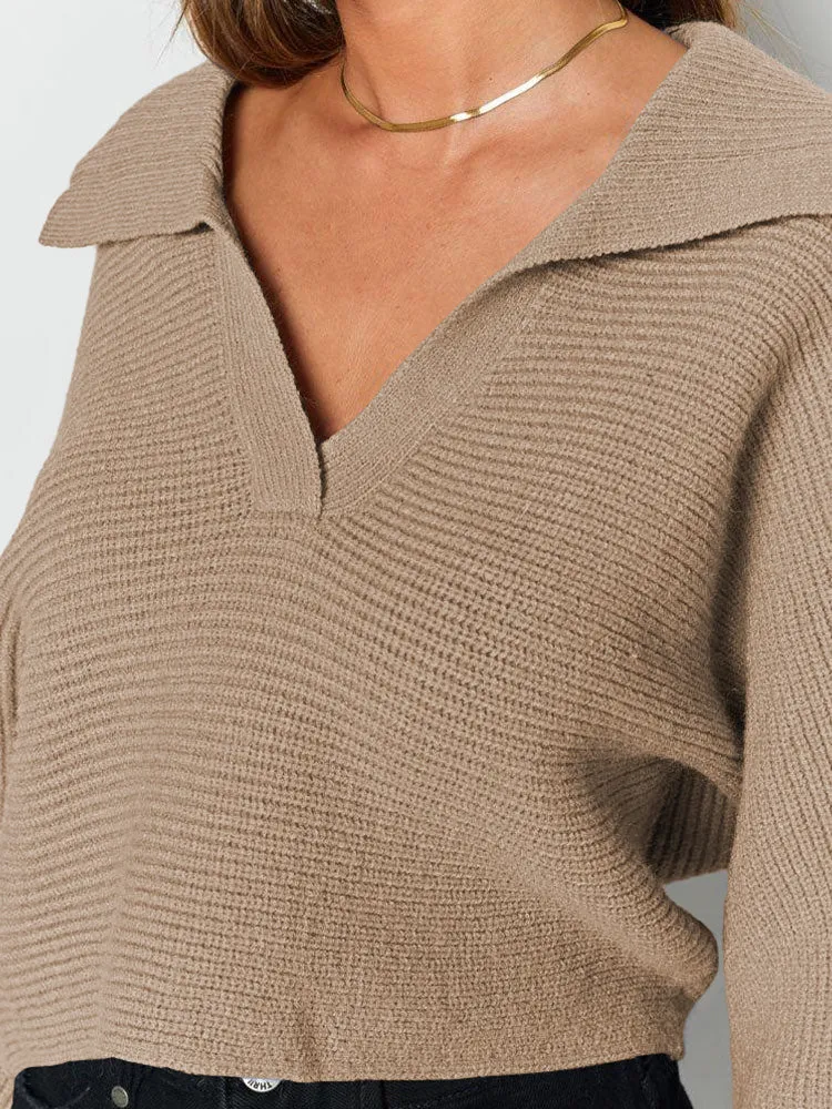 Lapel Collar V Neck Bishop Sleeve Ribbed Knit Baggy Crop Sweater