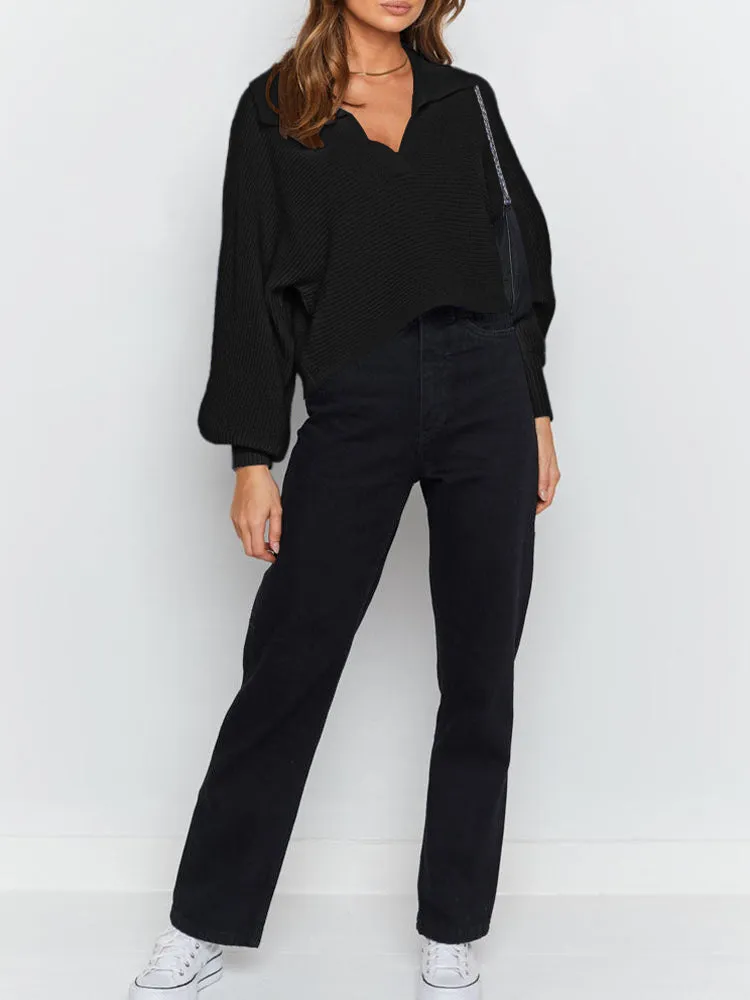 Lapel Collar V Neck Bishop Sleeve Ribbed Knit Baggy Crop Sweater