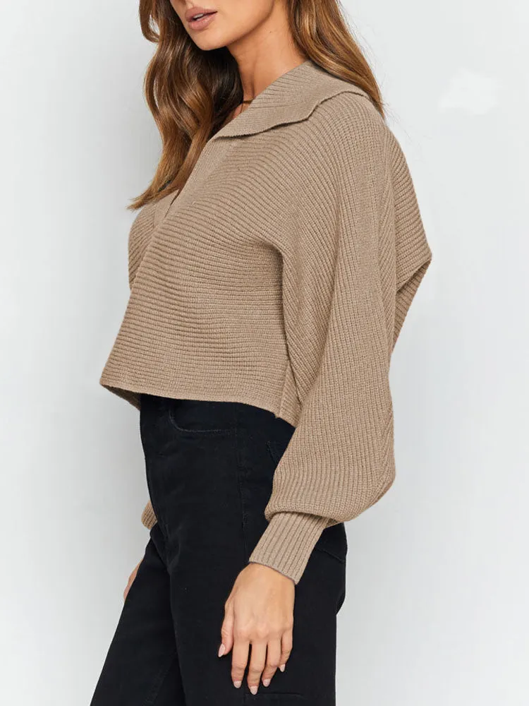 Lapel Collar V Neck Bishop Sleeve Ribbed Knit Baggy Crop Sweater