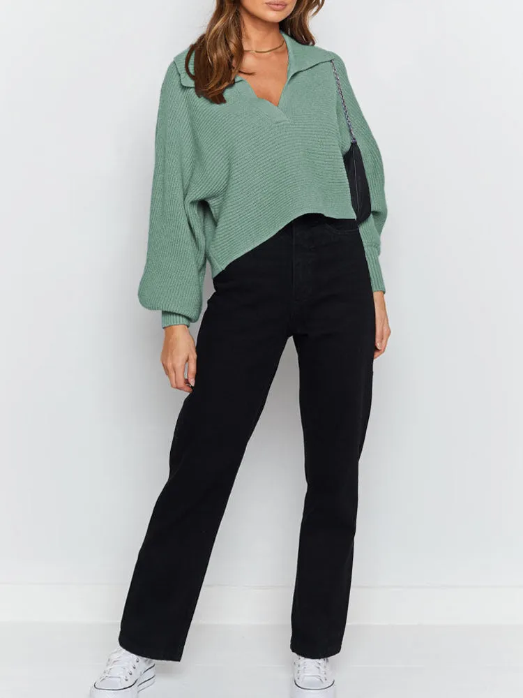 Lapel Collar V Neck Bishop Sleeve Ribbed Knit Baggy Crop Sweater