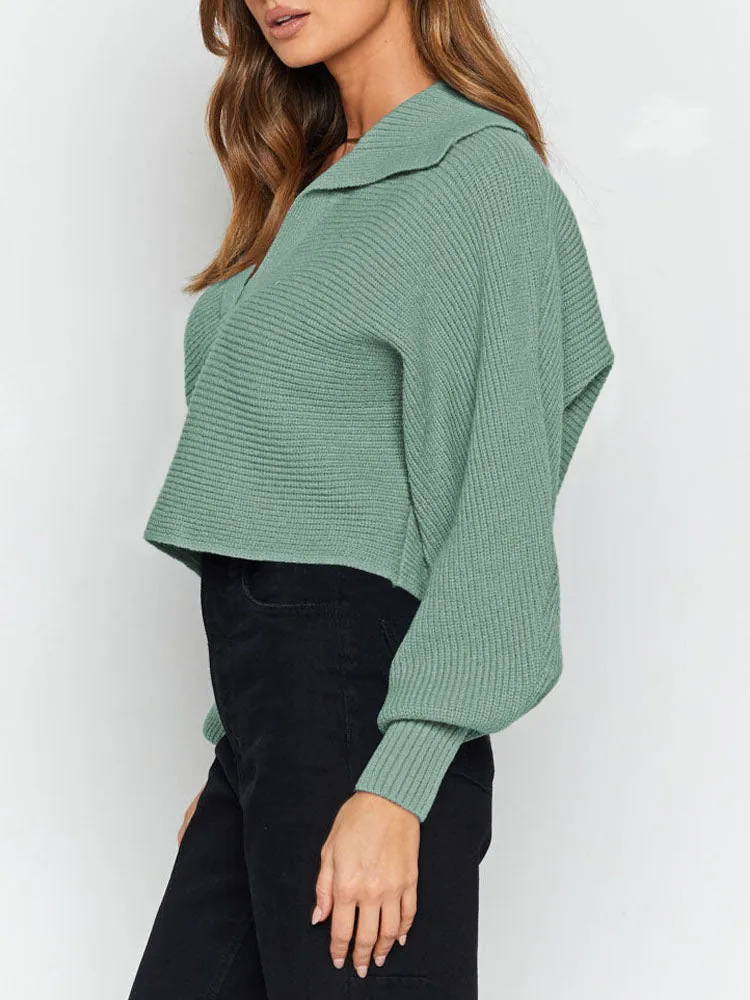 Lapel Collar V Neck Bishop Sleeve Ribbed Knit Baggy Crop Sweater