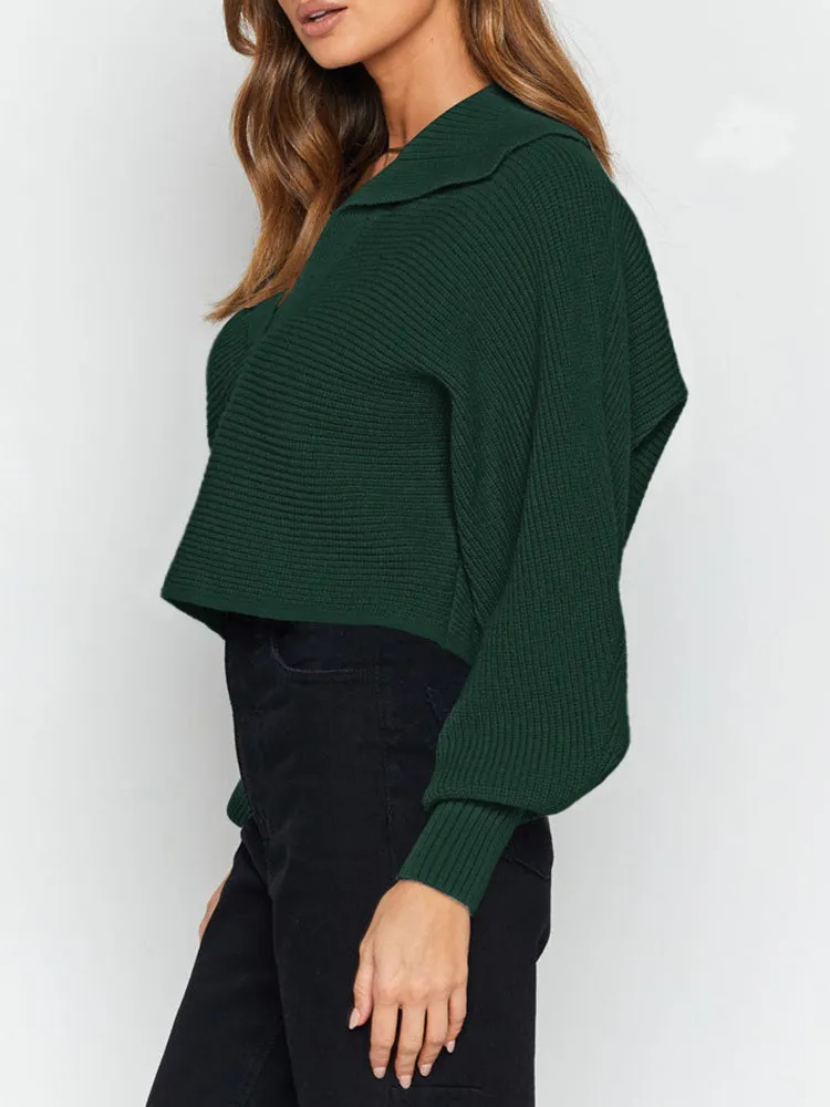 Lapel Collar V Neck Bishop Sleeve Ribbed Knit Baggy Crop Sweater