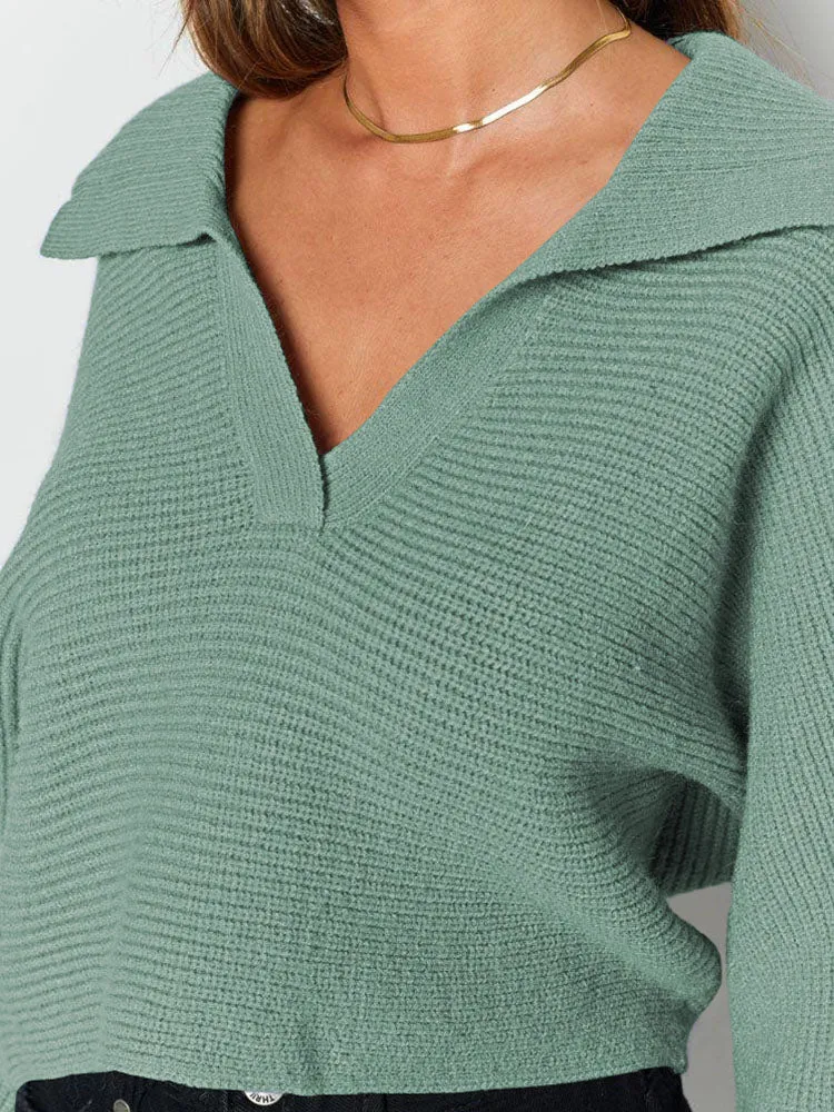 Lapel Collar V Neck Bishop Sleeve Ribbed Knit Baggy Crop Sweater