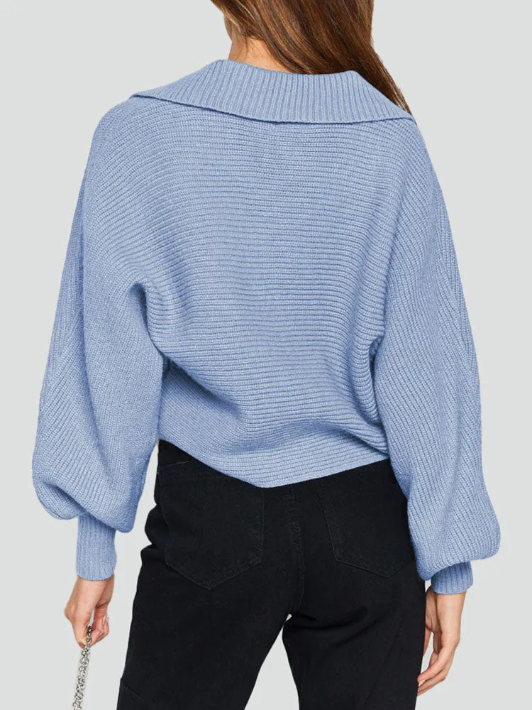 Lapel Collar V Neck Bishop Sleeve Ribbed Knit Baggy Crop Sweater