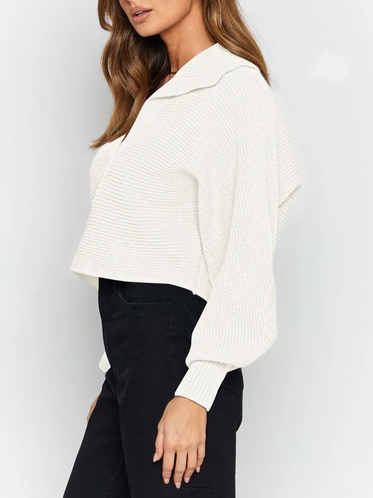 Lapel Collar V Neck Bishop Sleeve Ribbed Knit Baggy Crop Sweater