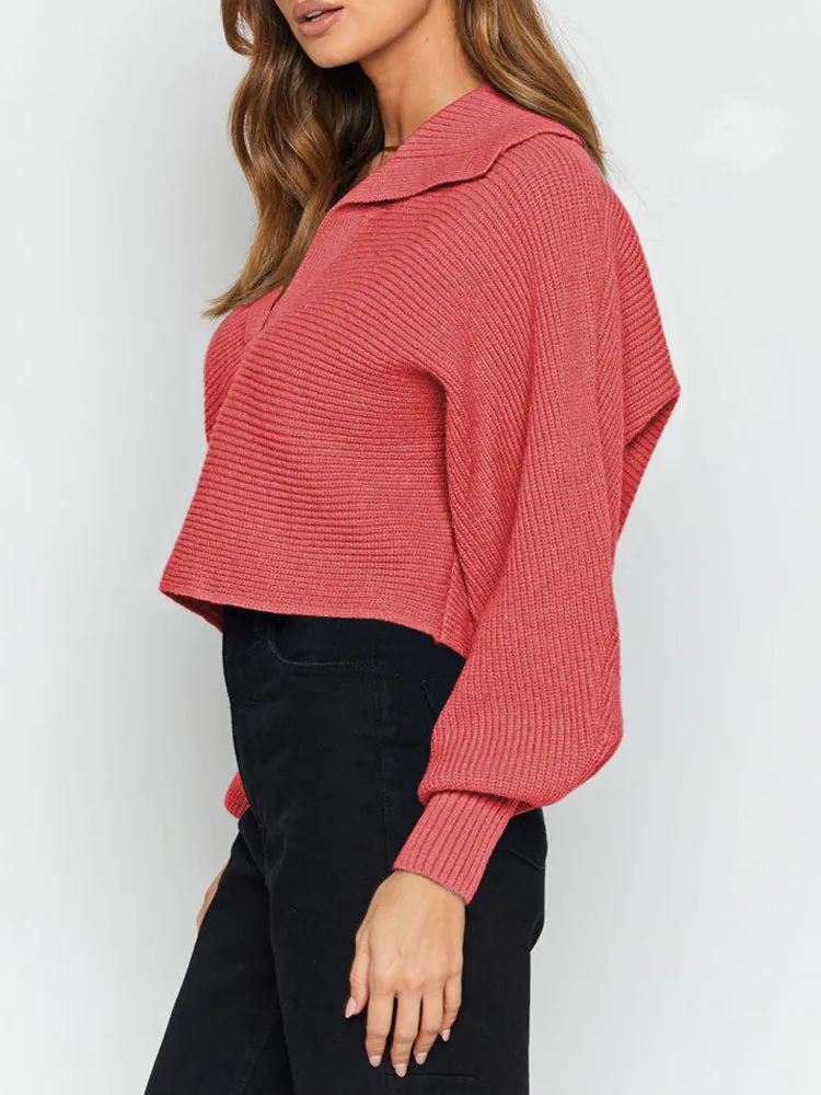 Lapel Collar V Neck Bishop Sleeve Ribbed Knit Baggy Crop Sweater