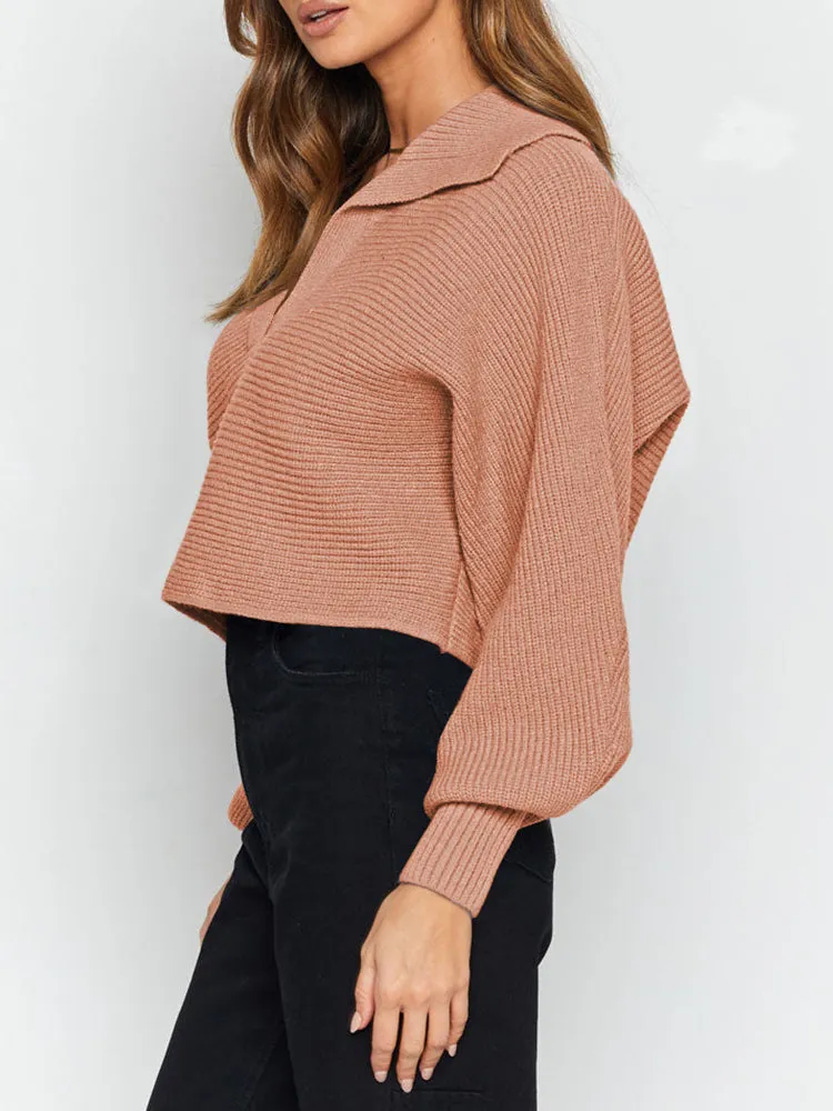 Lapel Collar V Neck Bishop Sleeve Ribbed Knit Baggy Crop Sweater