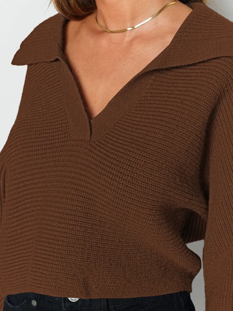 Lapel Collar V Neck Bishop Sleeve Ribbed Knit Baggy Crop Sweater