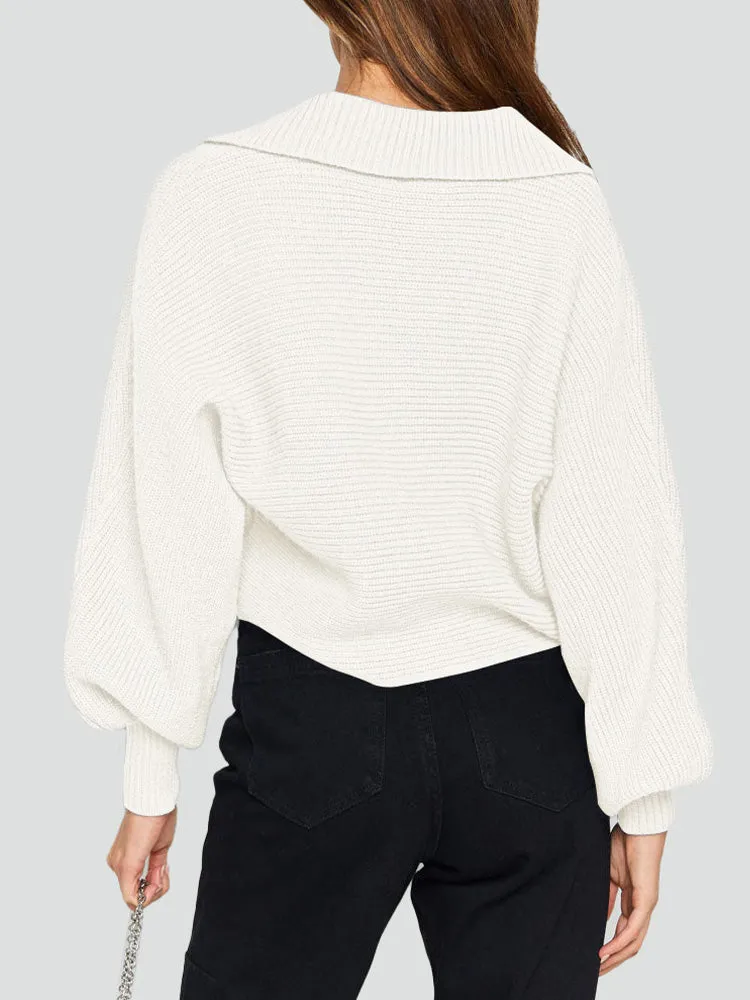 Lapel Collar V Neck Bishop Sleeve Ribbed Knit Baggy Crop Sweater