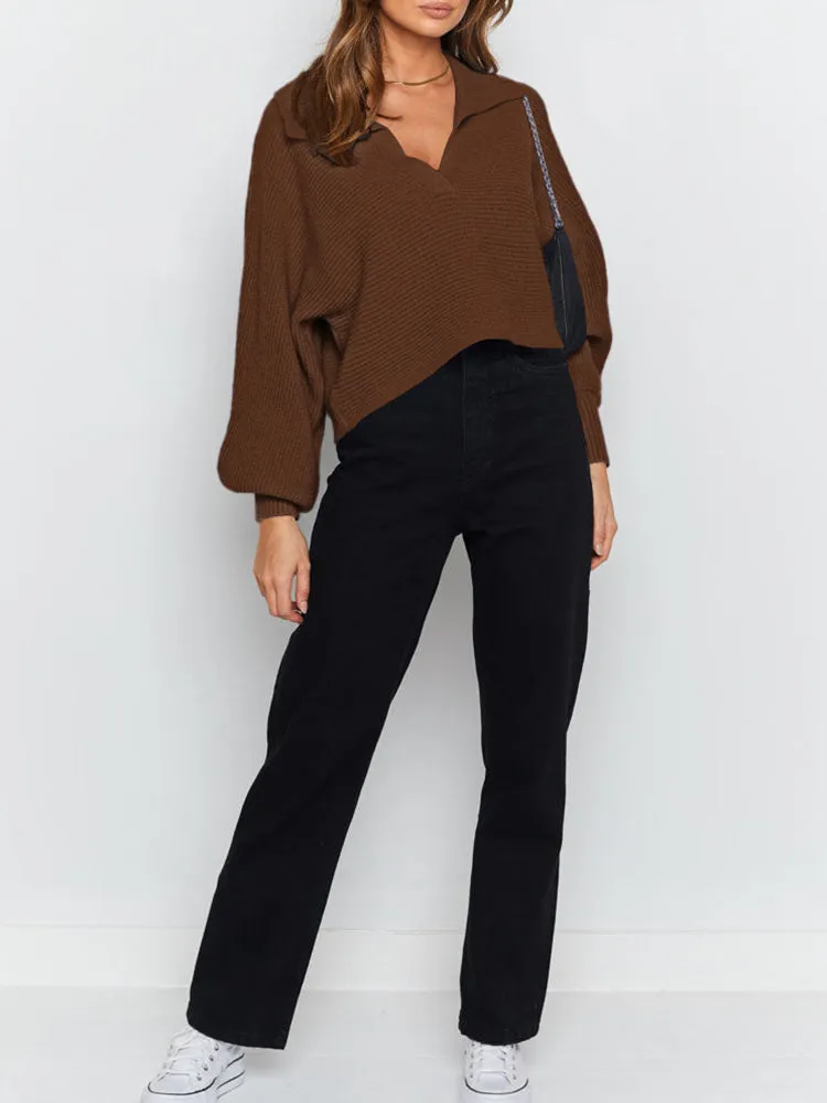 Lapel Collar V Neck Bishop Sleeve Ribbed Knit Baggy Crop Sweater