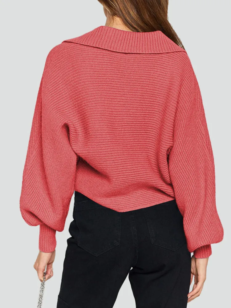 Lapel Collar V Neck Bishop Sleeve Ribbed Knit Baggy Crop Sweater