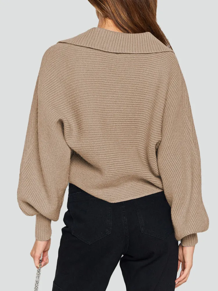 Lapel Collar V Neck Bishop Sleeve Ribbed Knit Baggy Crop Sweater