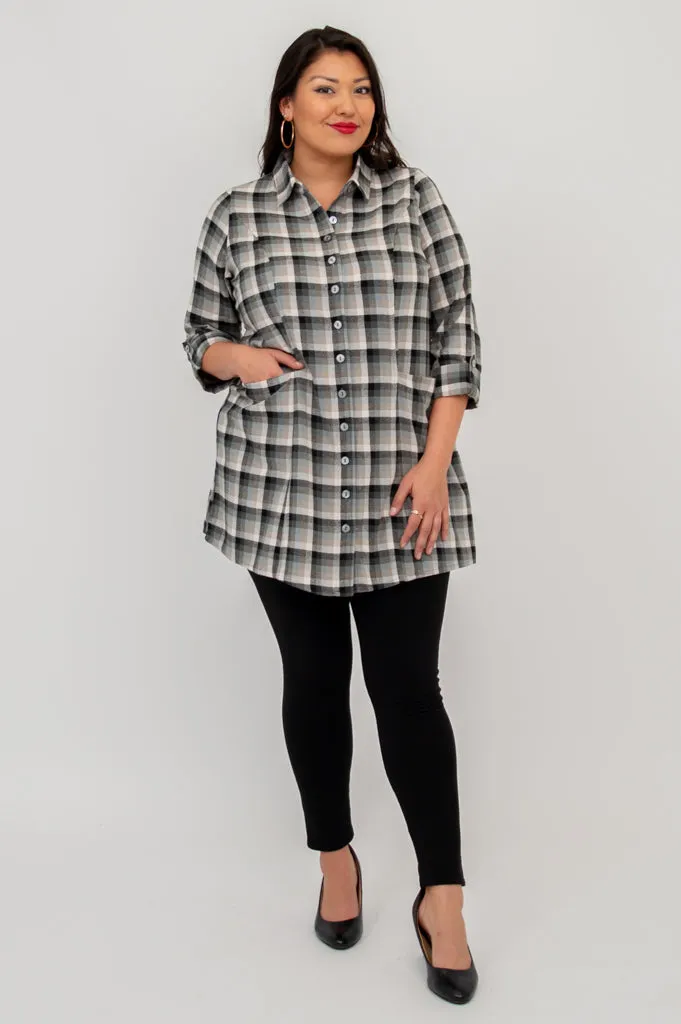 Larissa Tunic, Black Retro Plaid, Cotton Flannel