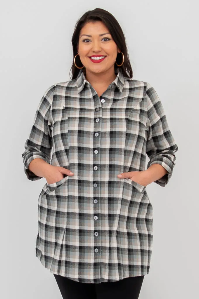 Larissa Tunic, Black Retro Plaid, Cotton Flannel