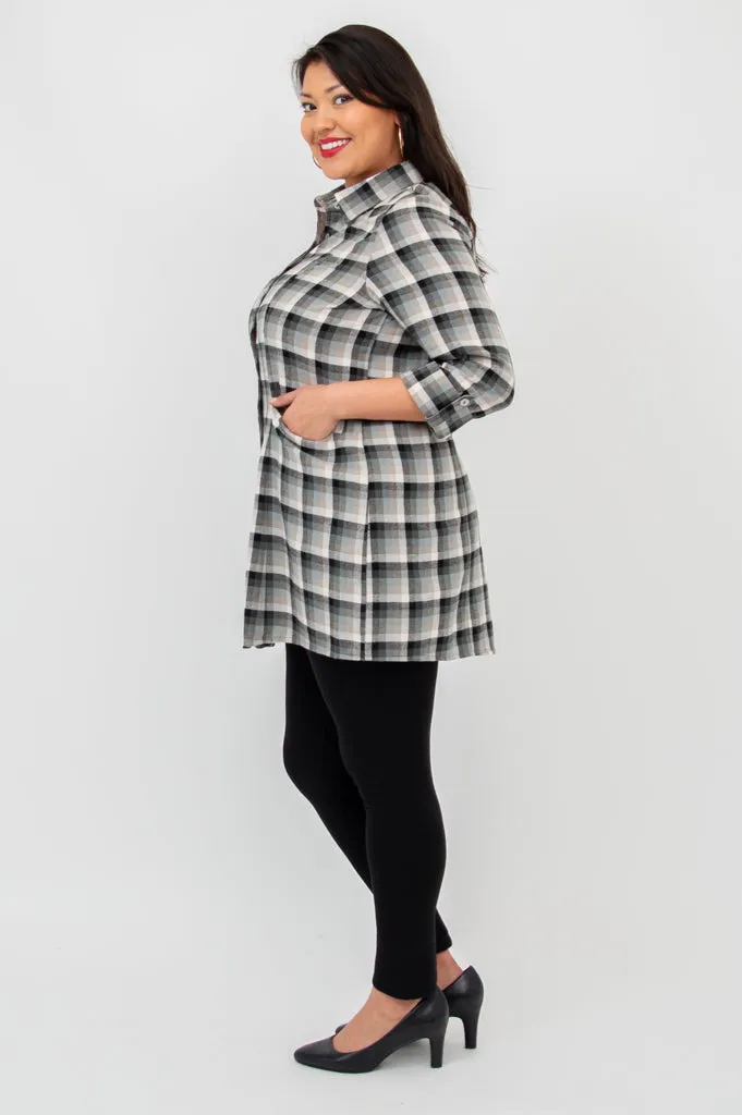 Larissa Tunic, Black Retro Plaid, Cotton Flannel