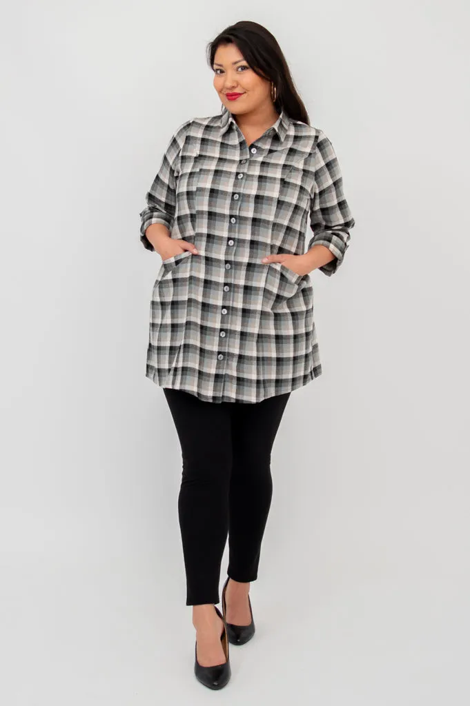 Larissa Tunic, Black Retro Plaid, Cotton Flannel